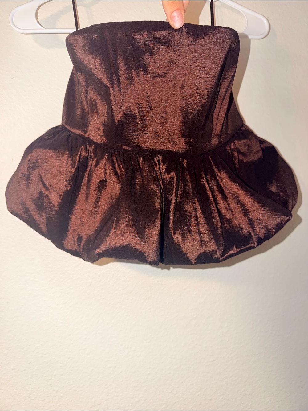 Francesca's Collections Strapless Satin Bubble Hem Top in Deep Brown - Picture 5 of 7